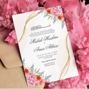 Convites Chic Floral, folha e Dourado Casamento Islâmico Mu