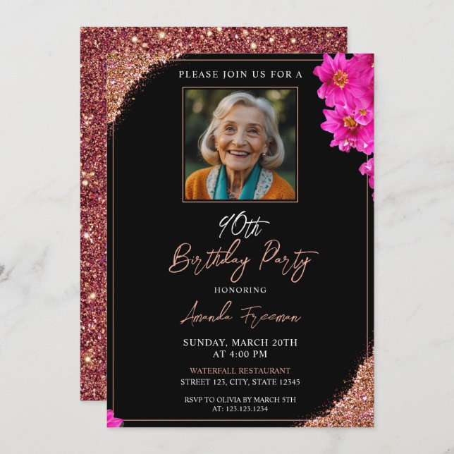 Convites Chic Floral Glitter 90 Birthday (Frente/Verso)