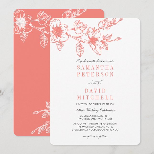 Convites Chic Floral Magnolia Branch | Coral | Casamento (Frente/Verso)