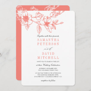 Convites Chic Floral Magnolia Branch Coral Casamento
