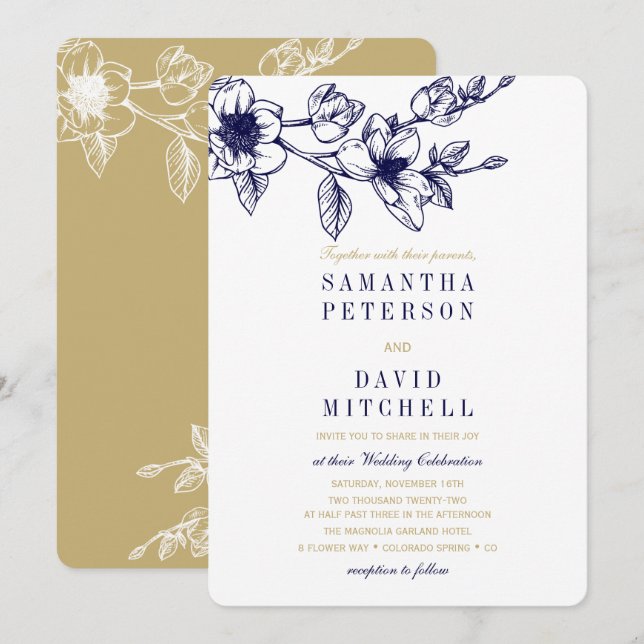 Convites Chic Floral Magnolia Branch Marinho Blue DOURADO C (Frente/Verso)