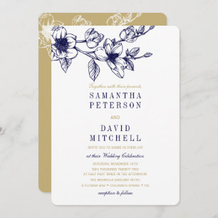 Convites Chic Floral Magnolia Branch Marinho Blue DOURADO C