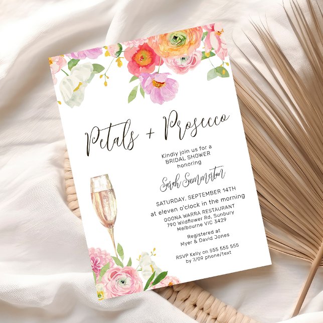 Convites Chic Floral Petals Prosecco Código QR Chá de panel (Floral Petals and Prosecco bridal Shower Invitation Template, Champagne Petals Prosecco QR Code)