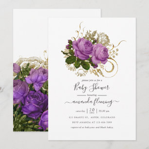 Convites Chic Floral Vintage em Roxo e Dourado para Chá de 