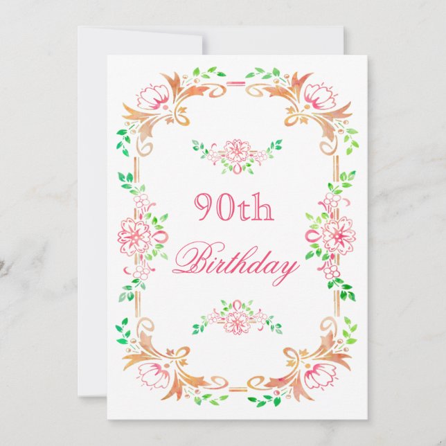 Convites Chic Floral Watercolor 90 Birthday (Frente)