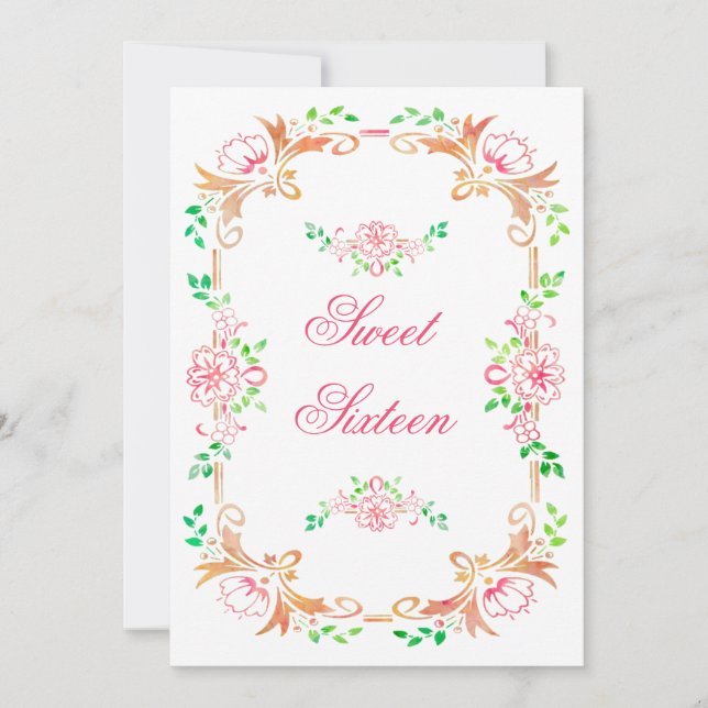 Convites Chic Floral Watercolor Sweet 16 Double Sided (Frente)