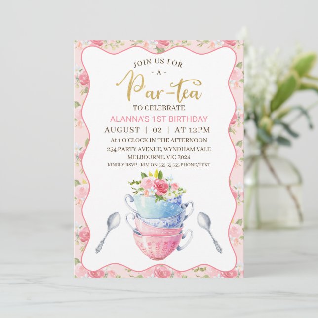 Convites Chic Floral Wave Teacups primeiro aniversario Tea  (Em pé/Frente)