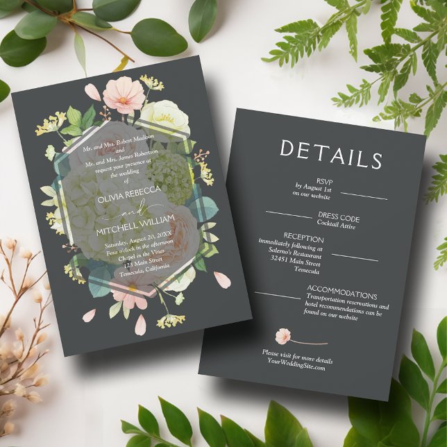 Convites Chic Florals Casamento Escuro Tudo em Um (Chic Florals Dark All in One Wedding Invitations with your details on the back)