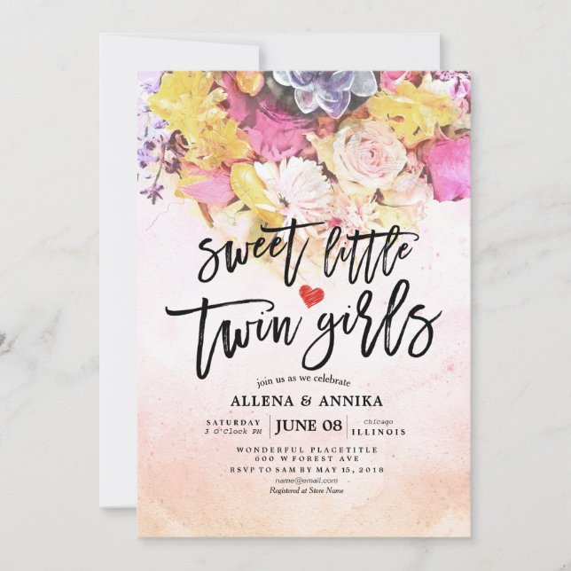 Convites Chic Flowers Chá de fraldas Garotas Gêmeas Doce (Frente)