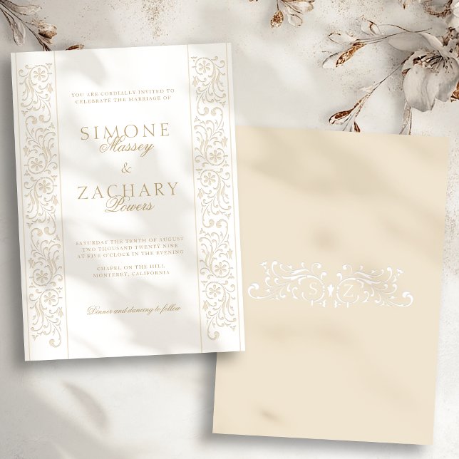 Convites Chic Formal Ecru Scrollwork Border Wedding (Criador carregado)