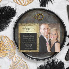 Convites Chic Foto Casamento Preto e Dourado