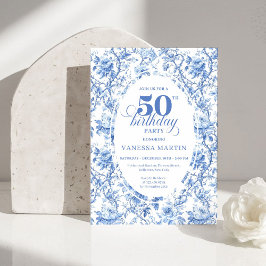 Convites Chic French Toile de Jouy Blue Roses 50th Birthday