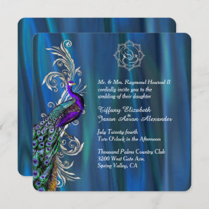 Convites Chic Ganesha 3 Blue Satin and Peacock Wedding