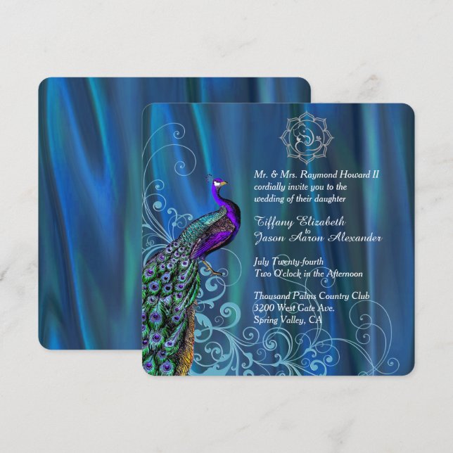Convites Chic Ganesha Blue Satin e Casamento Peacock  (Frente/Verso)