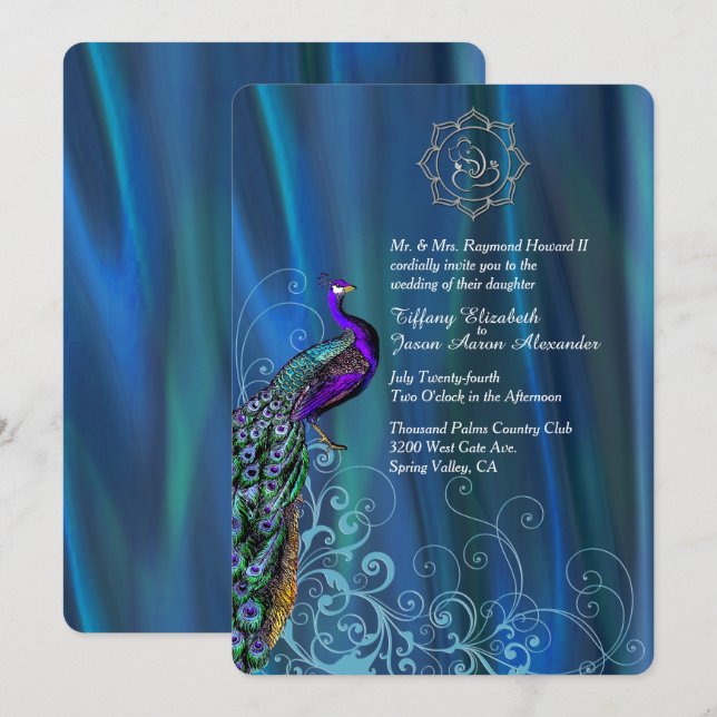 Convites Chic Ganesha Blue Satin e Peacock Wedding Invit (Frente/Verso)