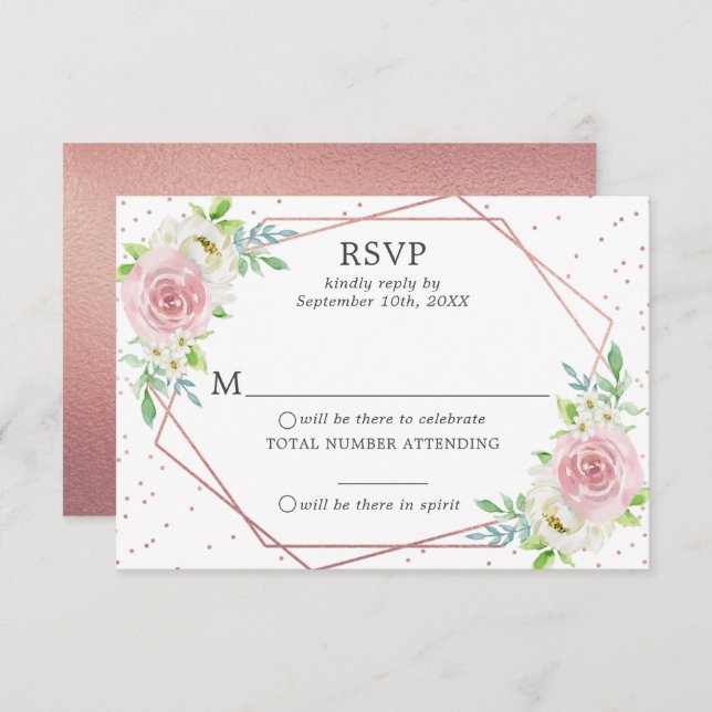 Convites Chic Geométrico Rosa Gold Foil Floral Weding RSVP (Frente/Verso)