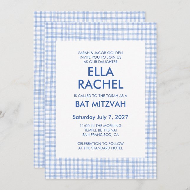 Convites Chic Gingham Modern Custom QR CODE Bat Bar Mitzvah (Frente/Verso)