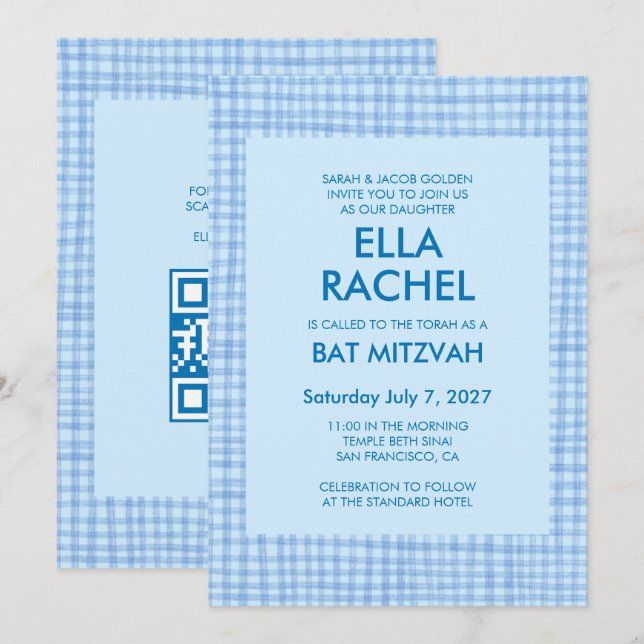 Convites Chic Gingham Moderno Código QR Personalizado Bar M (Frente/Verso)