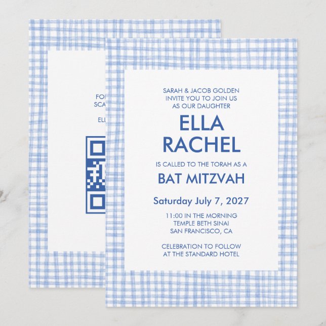 Convites Chic Gingham Moderno Código QR Personalizado Bar M (Frente/Verso)