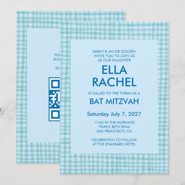 Convites Chic Gingham Moderno Código QR Personalizado Bar M (Frente/Verso)