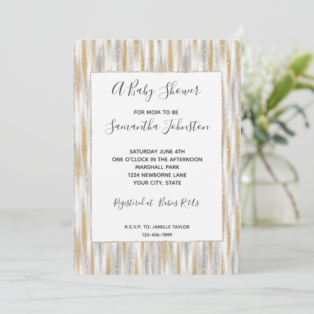 Convites Chic Glam Glitzy Listras Dourado Prata Chuveirinho (Em pé/Frente)
