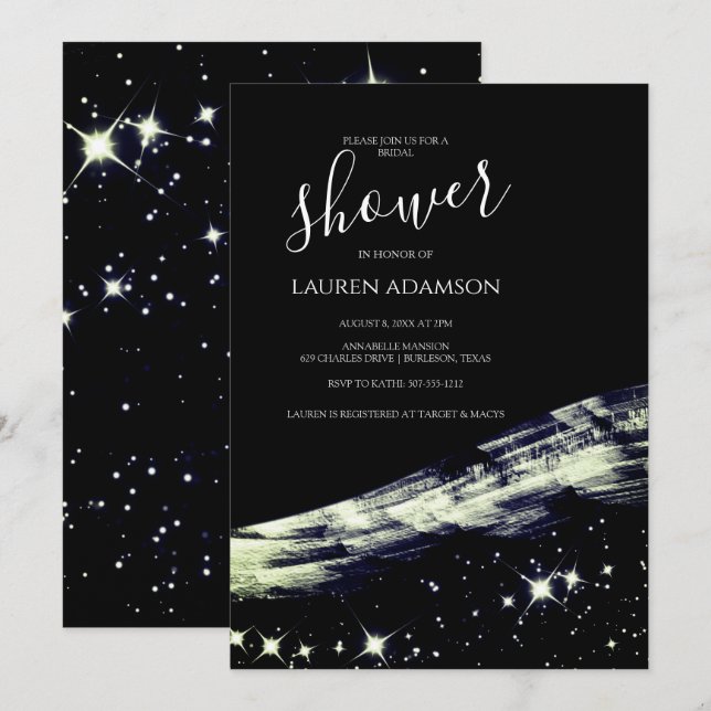 Convites Chic Glamourosa Dourado Brilho Estrelas Chá de Noi (Frente/Verso)
