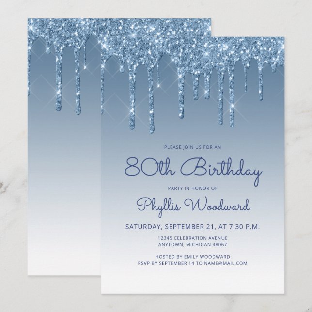 Convites Chic Glitter Drip Azul Aniversário de 80 anos (Frente/Verso)