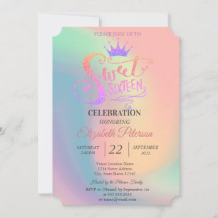 Convites Chic Glitter Tiara Holographic Sweet 16 Party