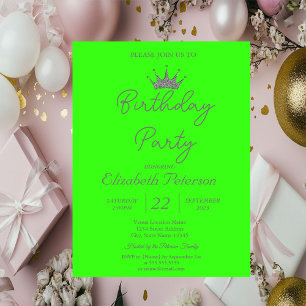 Convites Chic Glitter Tiara Neon Green Birthday