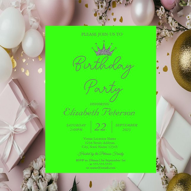 Convites Chic Glitter Tiara Neon Green Birthday (Criador carregado)