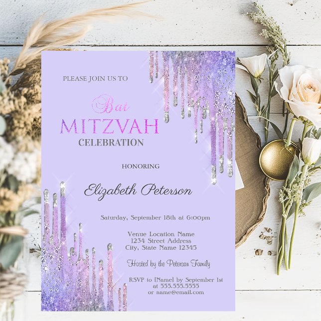 Convites Chic Glitter Violet Drives Lavander Bat Mitzvah (Criador carregado)
