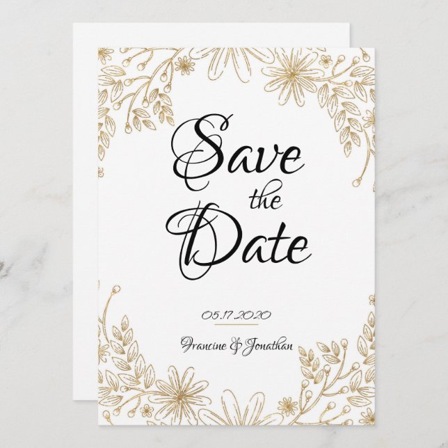 Convites Chic Gold Foil Floral Salvar Data (Frente/Verso)