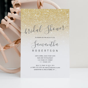 Convites Chic gold glitter white script bridal shower