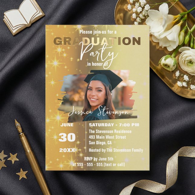 Convites Chic Gold Sparkly Metallic Photo Graduation Party (Criador carregado)