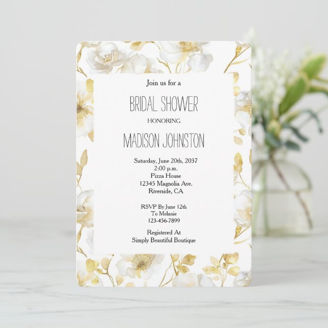 Convites Chic Gold White Flowers Bridal Shower (Em pé/Frente)
