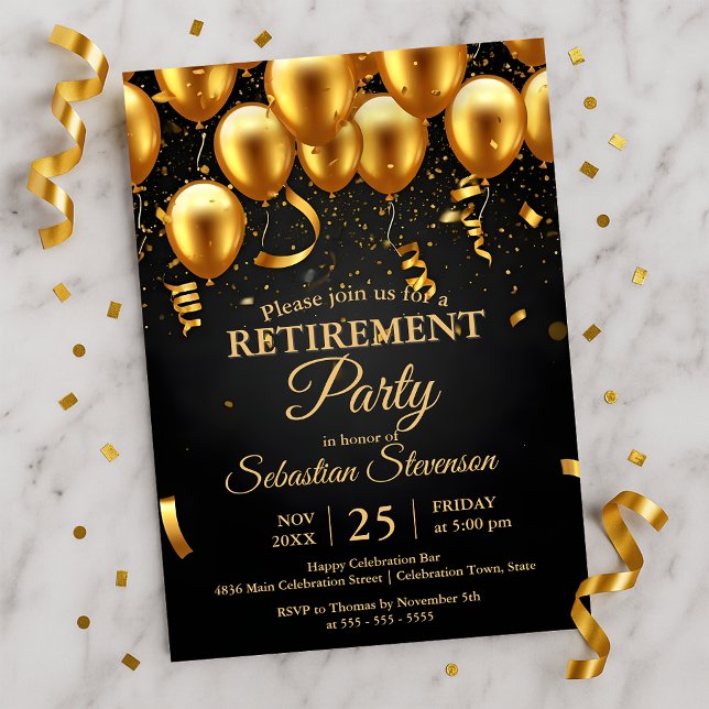 Convites Chic Golden Balloons & Confetti Retirement Party  (Criador carregado)
