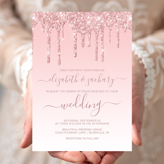 Convites Chic Gotejamento Brilho Rosa Casamento (Criador carregado)
