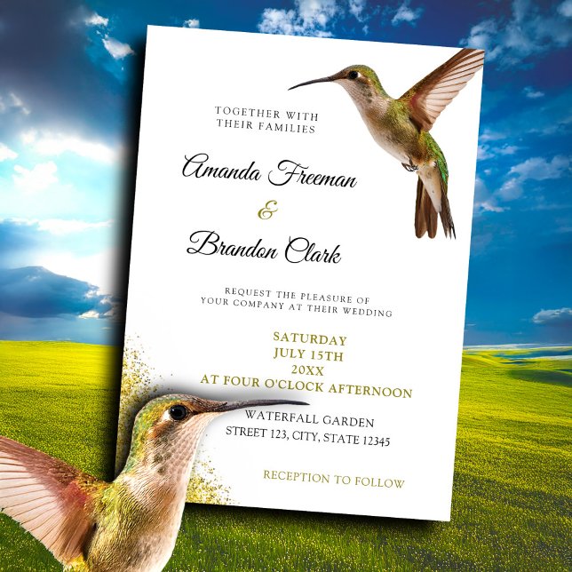 Convites Chic Green Hummingbird e Dourado Casamento de Poei (Criador carregado)