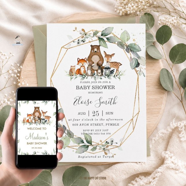 Convites Chic Greenery Animais da Floresta Chuvada de Bebê  (woodland animals greenery gold geometric baby shower invitation card printed and digital download)