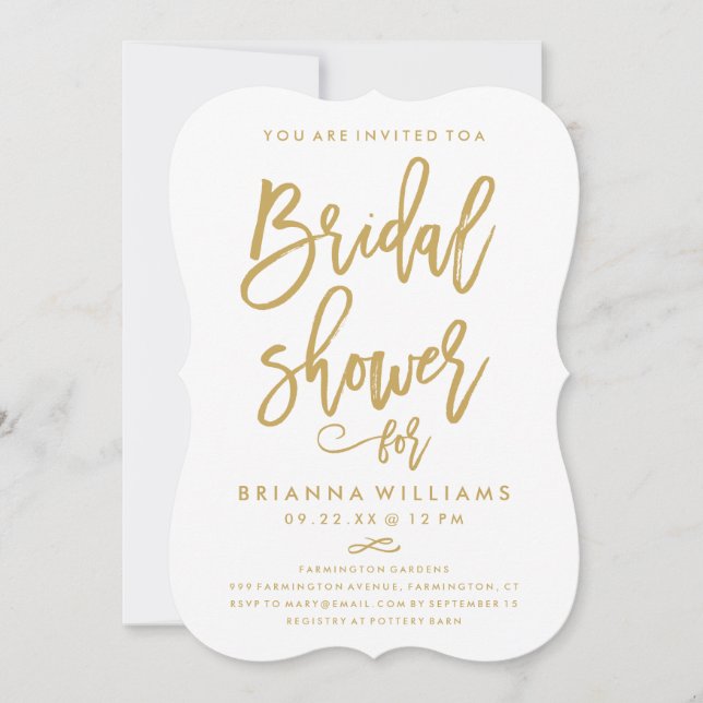 Convites Chic Hand - Letra Chá de panela Dourada de Casamen (Frente)