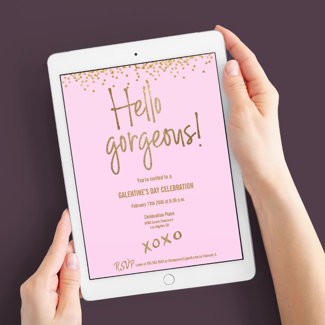 Convites Chic Hello Garganta Galentina Dourada Confetti Ros (Digital download available for this "Hello Gorgeous!" xoxo Galentine's day pink and gold invite)