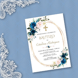 Convites Chic Invitación De Bautizo Dourado Con Flores Bapt