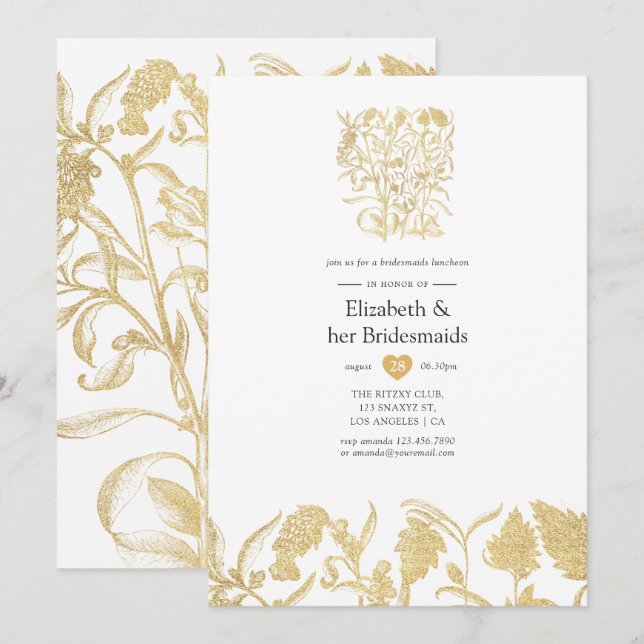 Convites Chic Jantar de Damas de Honra Floral a Ouro (Frente/Verso)