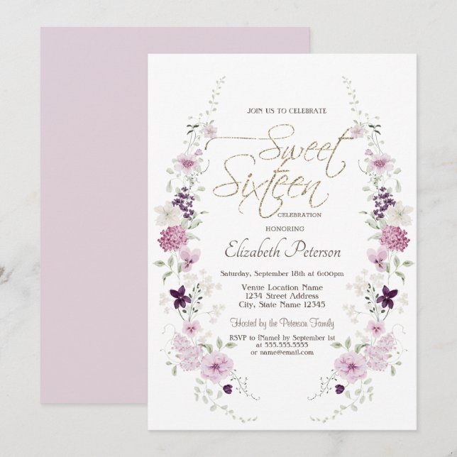 Convites Chic Lavanda Flores Silvestres Sweet 16 (Frente/Verso)