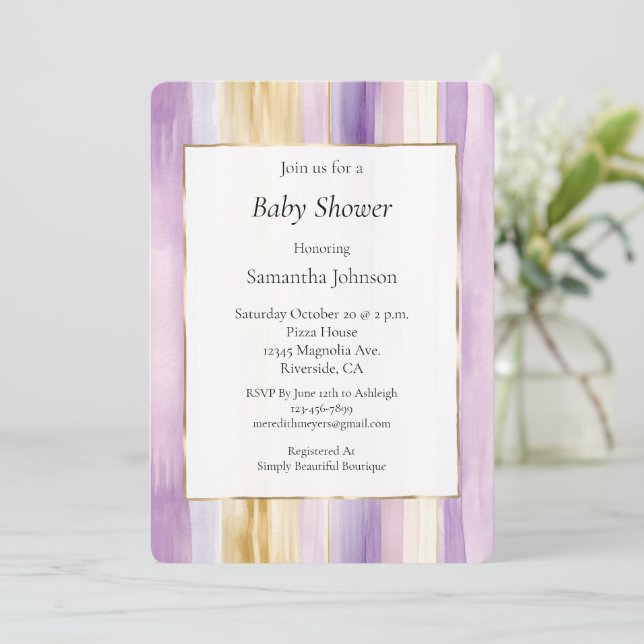 Convites Chic Lavender Purple Gold Stripes Baby Shower (Em pé/Frente)