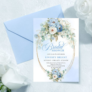 Convites Chic Light Blue Peony Acento Dourado Chá de Noiva