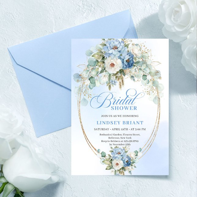 Convites Chic Light Blue Peony Acento Dourado Chá de Noiva (Chic Light Blue Peony Gold Accent Bridal Shower

)