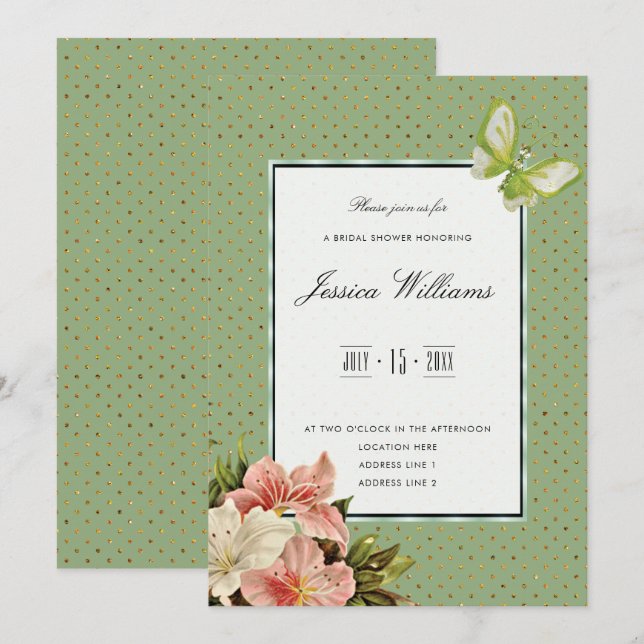 Convites Chic Lilies & Gem Butterfly Chá de Noiva (Frente/Verso)