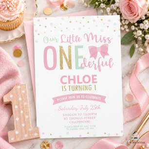 Convites Chic Little Miss ONEderful 1º Aniversário Laços Ro