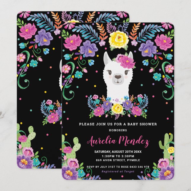 Convites Chic Llama Chá de fraldas Floral Mexicano Chalkboa (Frente/Verso)